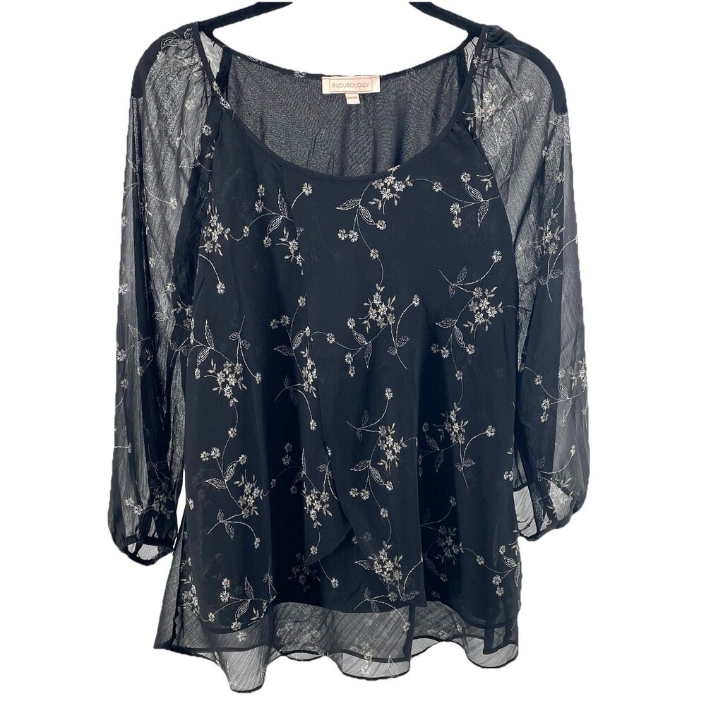 Blousology Blouse Women Medium Black Sheer Floral Overlay 3/4 Sleeve Dressy Top